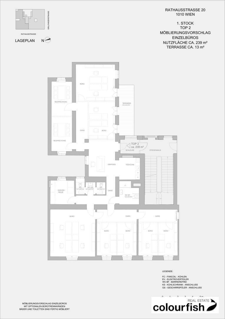 Grundriss des ersten Stocks mit Vorschlag für Einzelbüros, einer Nutzfläche von 239 m² und einer Terrasse.