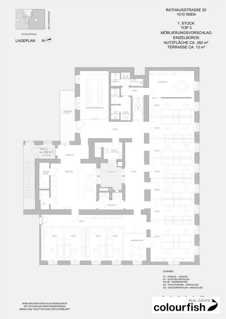 Detaillierter Grundriss eines Büros im ersten Stock mit mehreren Räumen, einer Loggia und einer Terrasse.