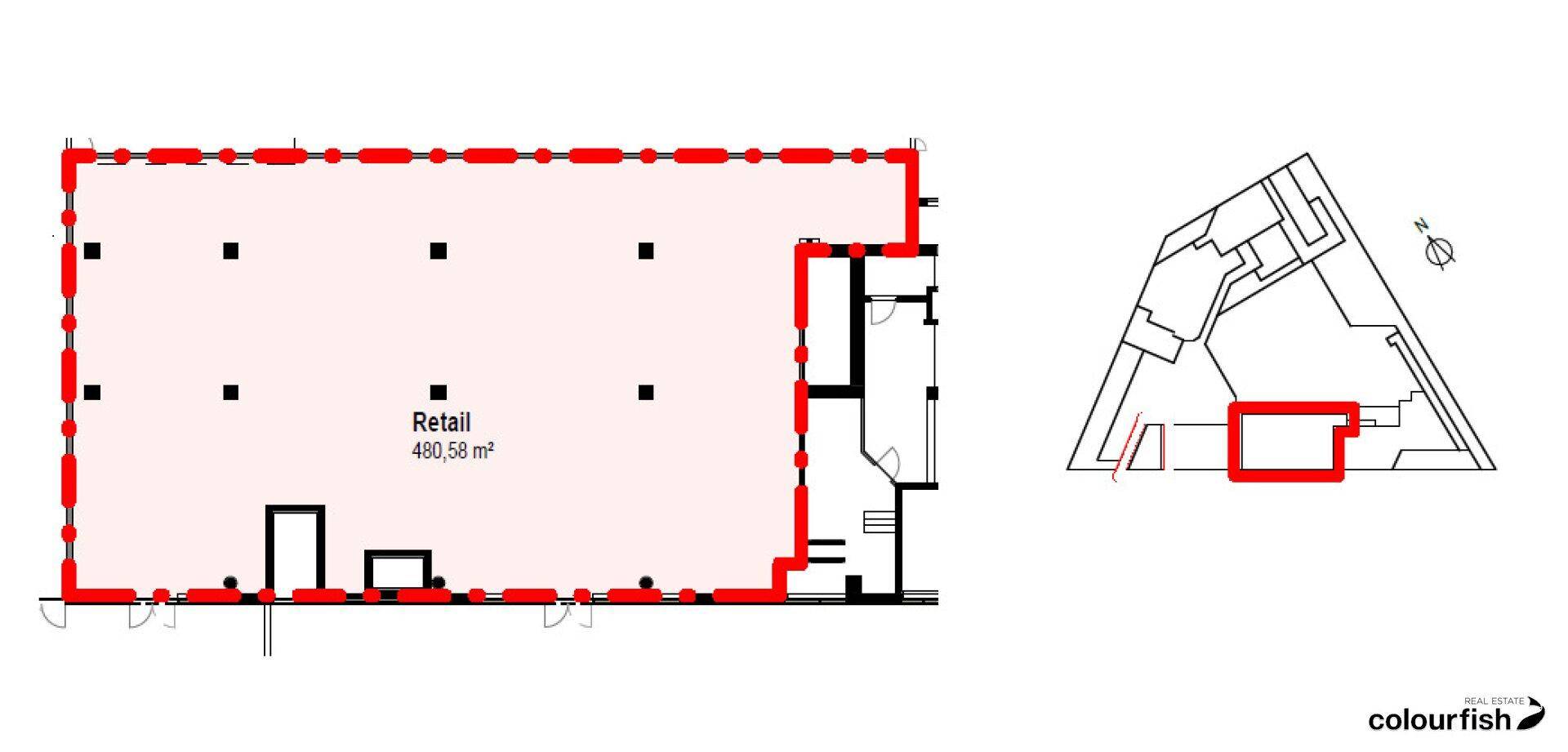 Grundrissplan eines Einzelhandelsbereichs von 480,58 m² mit angrenzendem Gesamtgrundriss des Gebäudes.