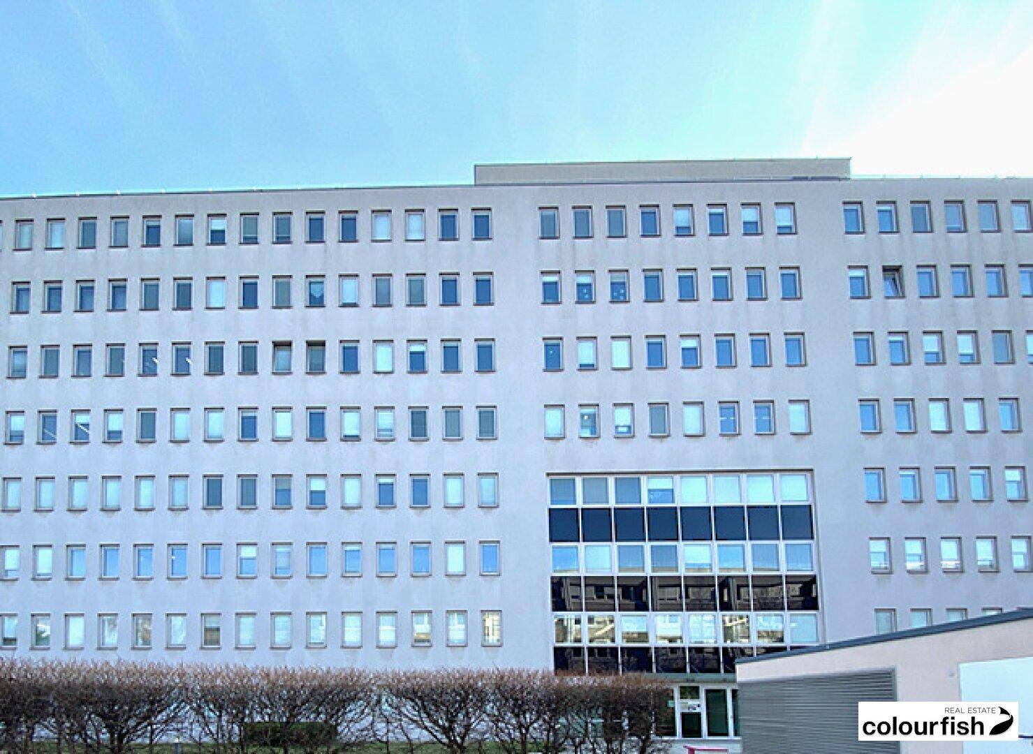 Große Fassade eines modernen Bürogebäudes mit vielen Fenstern und einer Glasfront im Erdgeschoss.