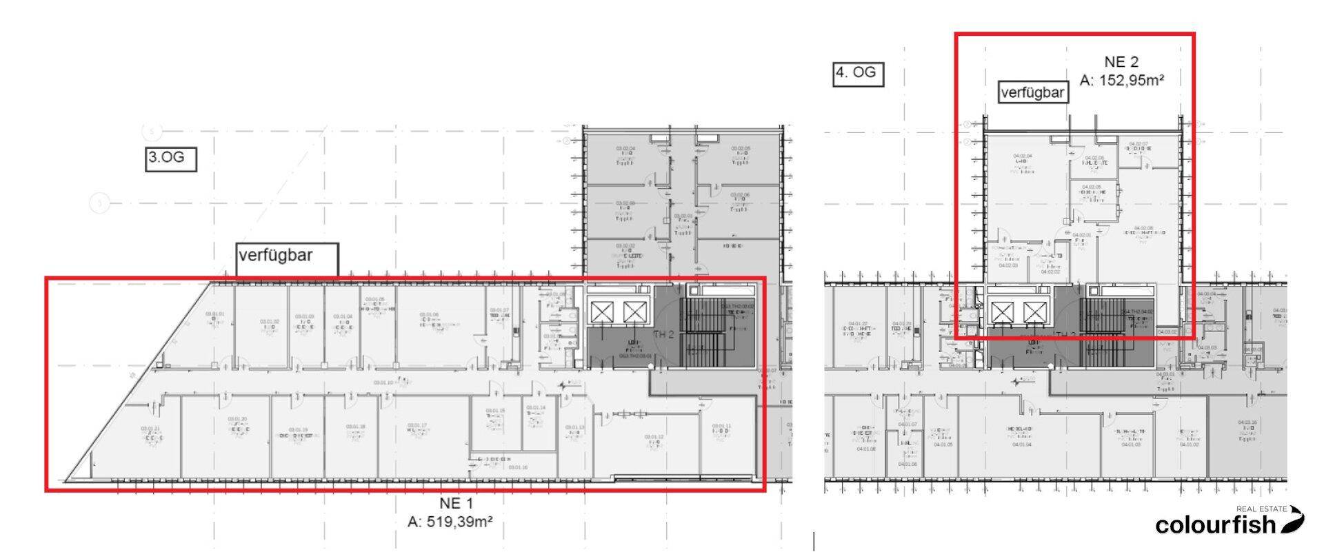 Grundrissübersicht der dritten und vierten Etage mit verfügbaren Büroflächen.