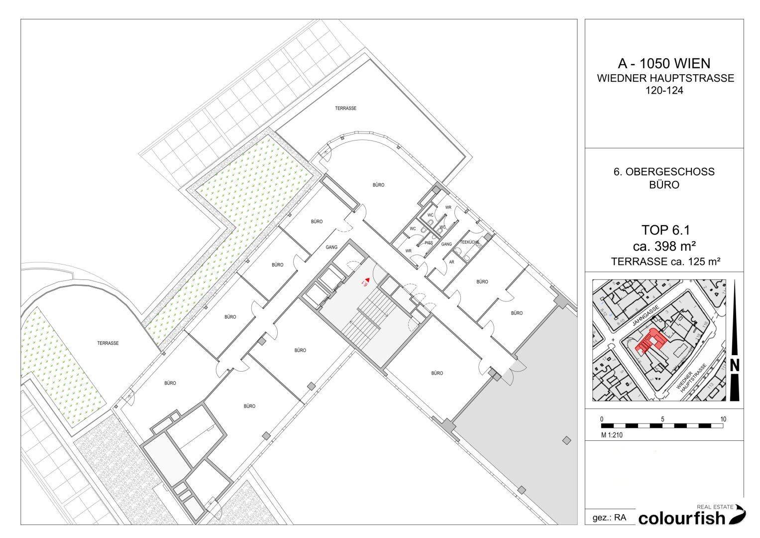 Grundriss des 6. Obergeschosses mit mehreren Büroräumen, Teeküche und großzügigen Terrassenflächen.