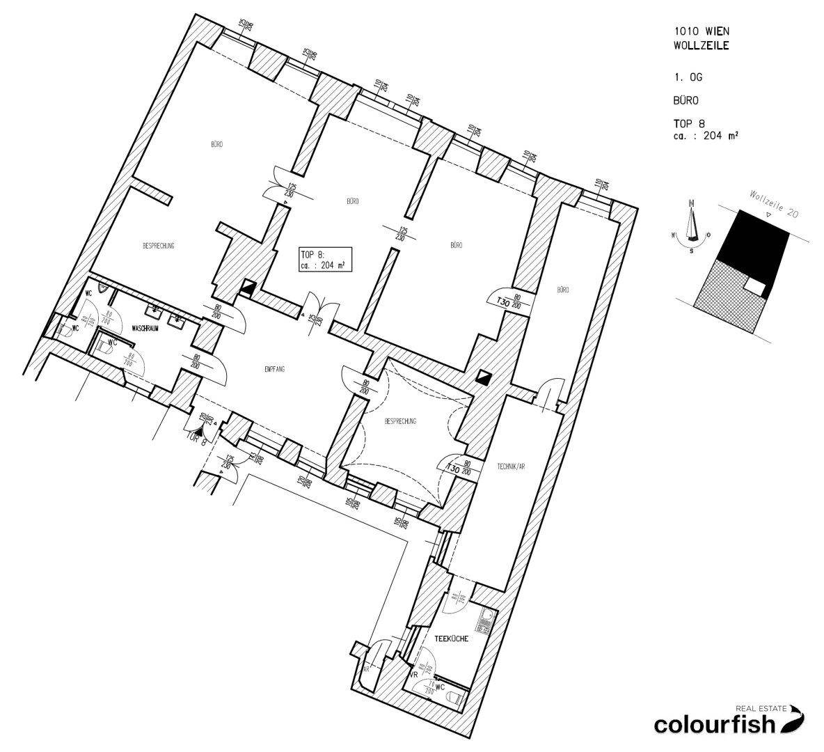 Grundriss einer Bürofläche von 204 m² mit mehreren Büros, Besprechungsräumen und einer Teeküche.