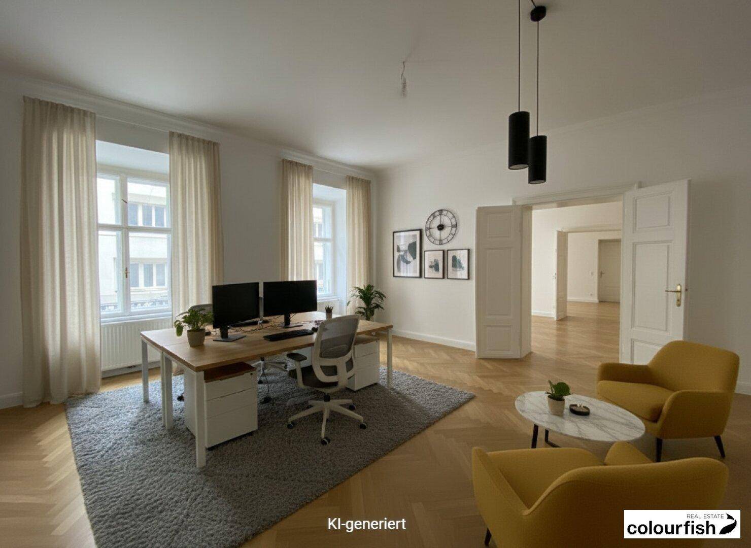 Geräumiges Büro mit modernem Mobiliar, Fischgrätparkett und großen Fenstern, die viel Tageslicht hereinlassen.