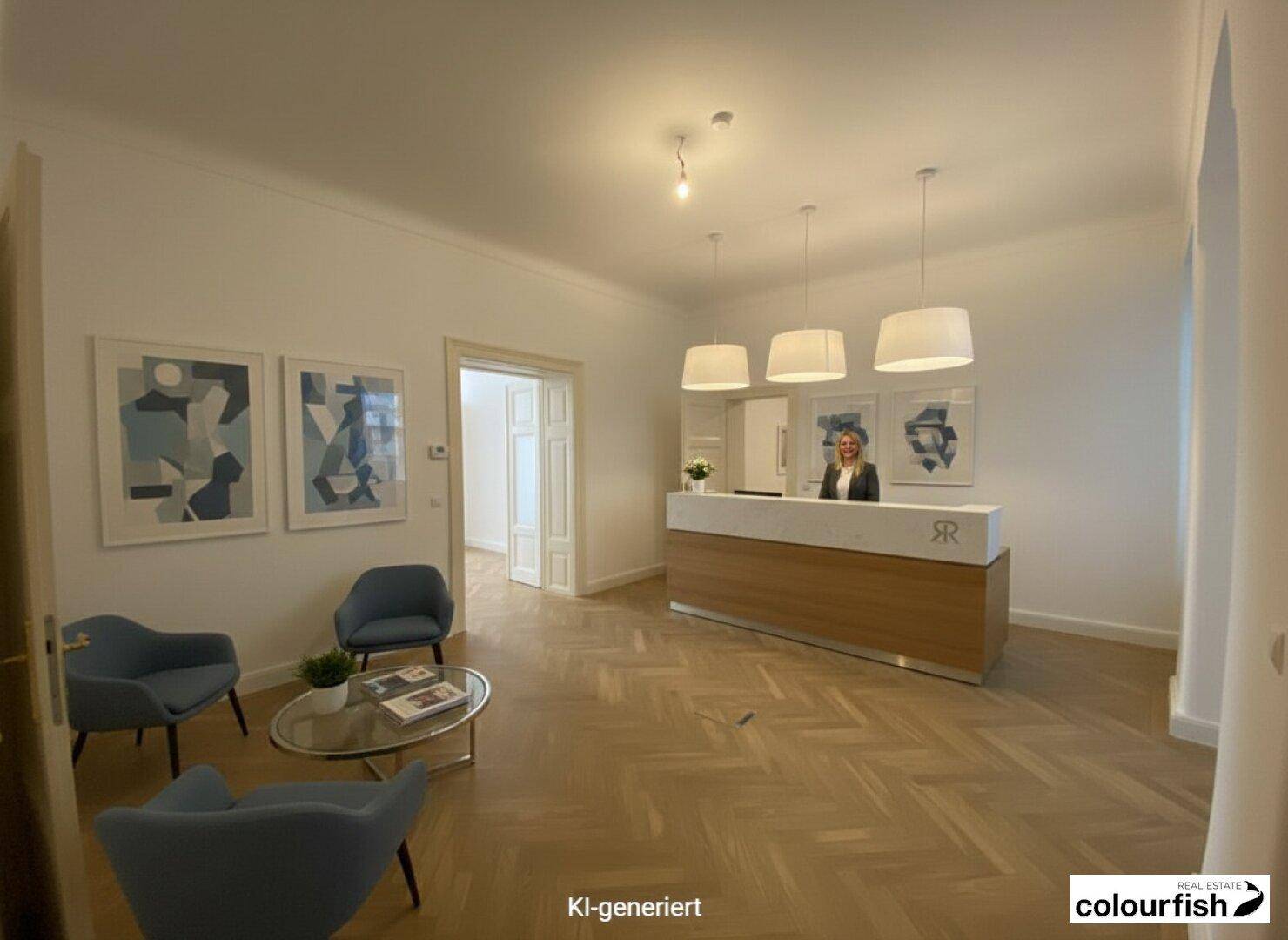 Moderner Empfangsbereich mit stilvoller Rezeptionstheke, bequemen Sitzgelegenheiten und Kunstwerken an den Wänden.