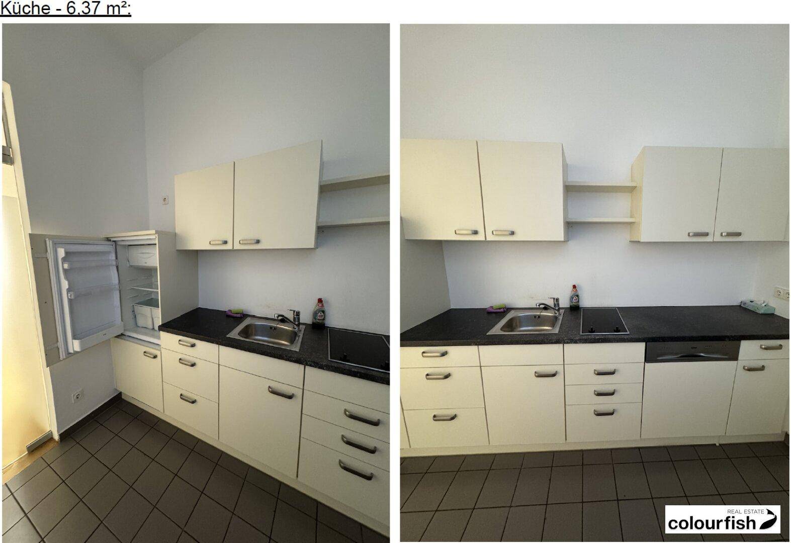 Funktionale Küche mit weißen Schränken, dunkler Arbeitsplatte, Spüle und integrierten Geräten auf Fliesenboden.