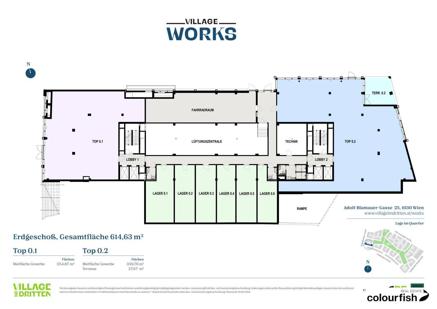 Grundriss des Erdgeschosses mit einer Gesamtfläche von 614,63 m², inklusive Lagerbereichen, Technikräumen und einer Terrasse.
