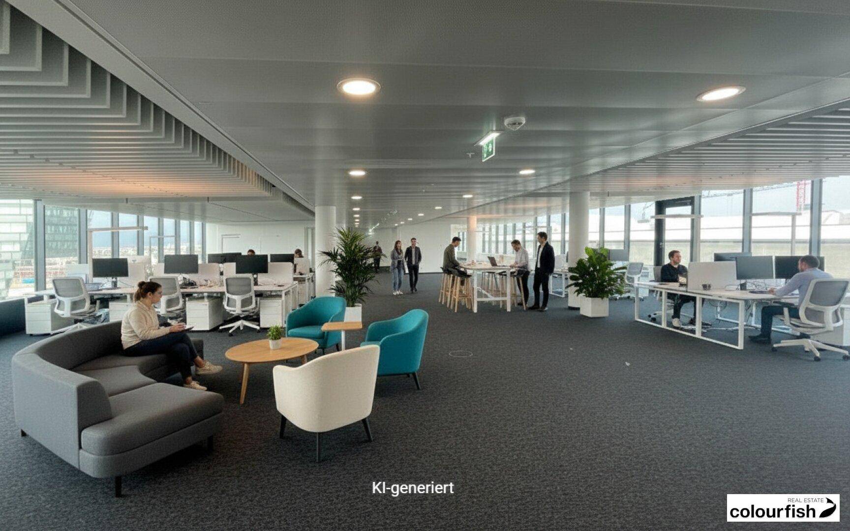Großes, modernes Großraumbüro mit Arbeitsplätzen, Loungebereichen und viel Tageslicht durch große Fenster.