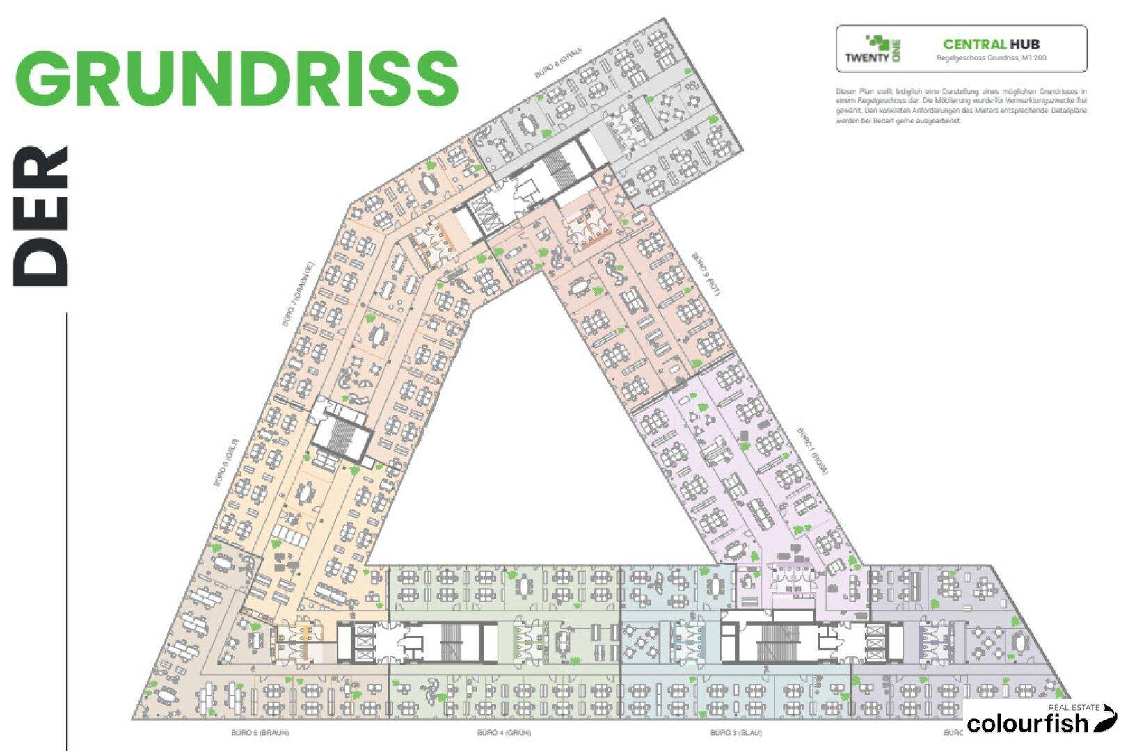 Detaillierter Grundriss eines großen Bürogebäudes mit verschiedenen Arbeitsbereichen und flexiblen Layouts.