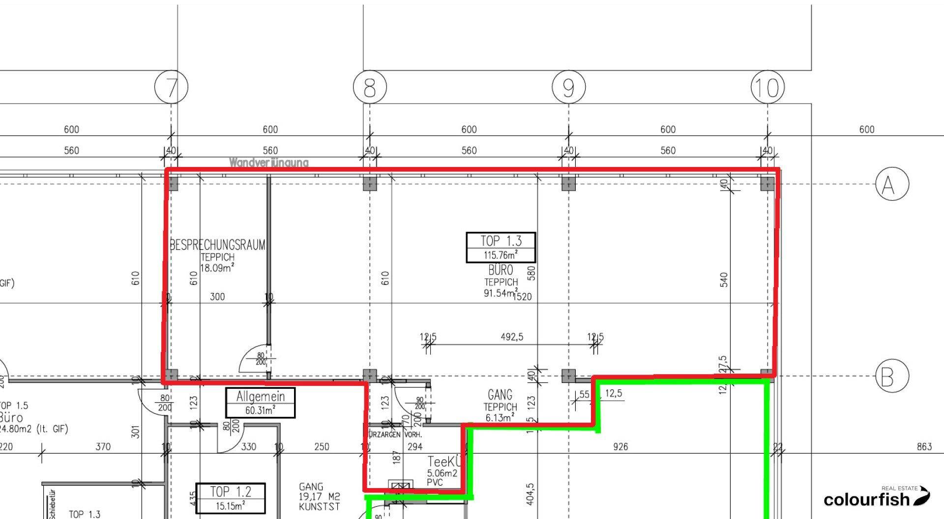 Detaillierter Grundrissplan eines Bürogeschosses mit Besprechungsraum, Büros und Teeküche.
