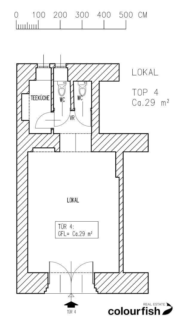 Grundriss eines kleinen Gewerberaums mit Teeküche und zwei Toiletten, ca. 29 m².