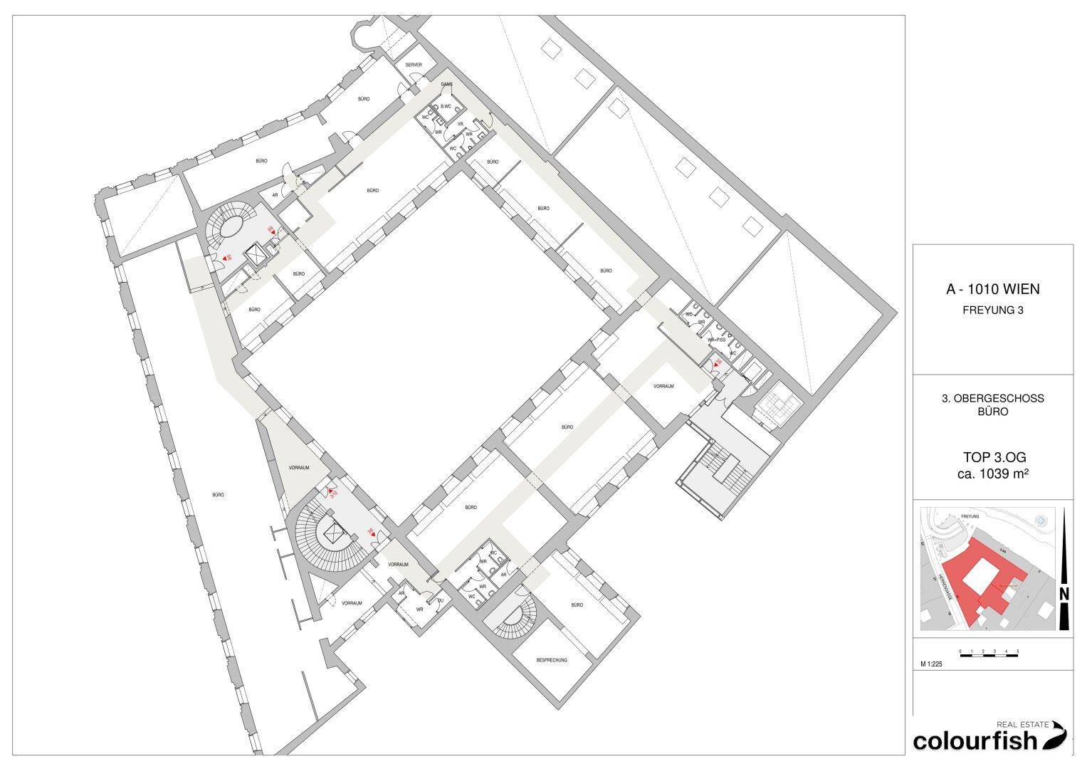 Detaillierter Grundriss des dritten Obergeschosses mit mehreren Bürobereichen und Sanitäranlagen.