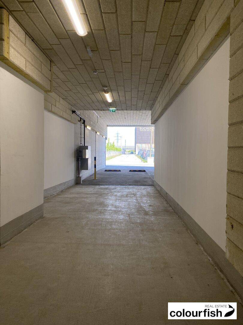 Heller Zugangsbereich mit Betonboden, weißen Wänden und Ziegeldecke, der ins Freie führt.
