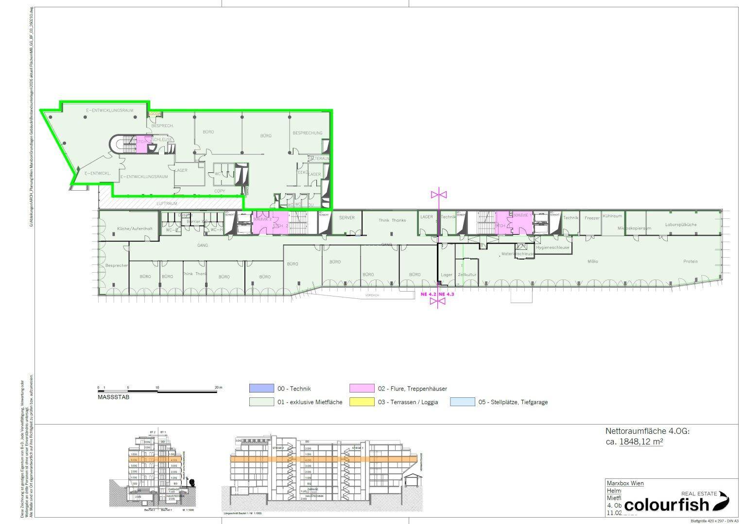 Detaillierter Grundriss des 4. Obergeschosses mit verschiedenen Bereichen und Gesamtfläche von 1848,12 m².