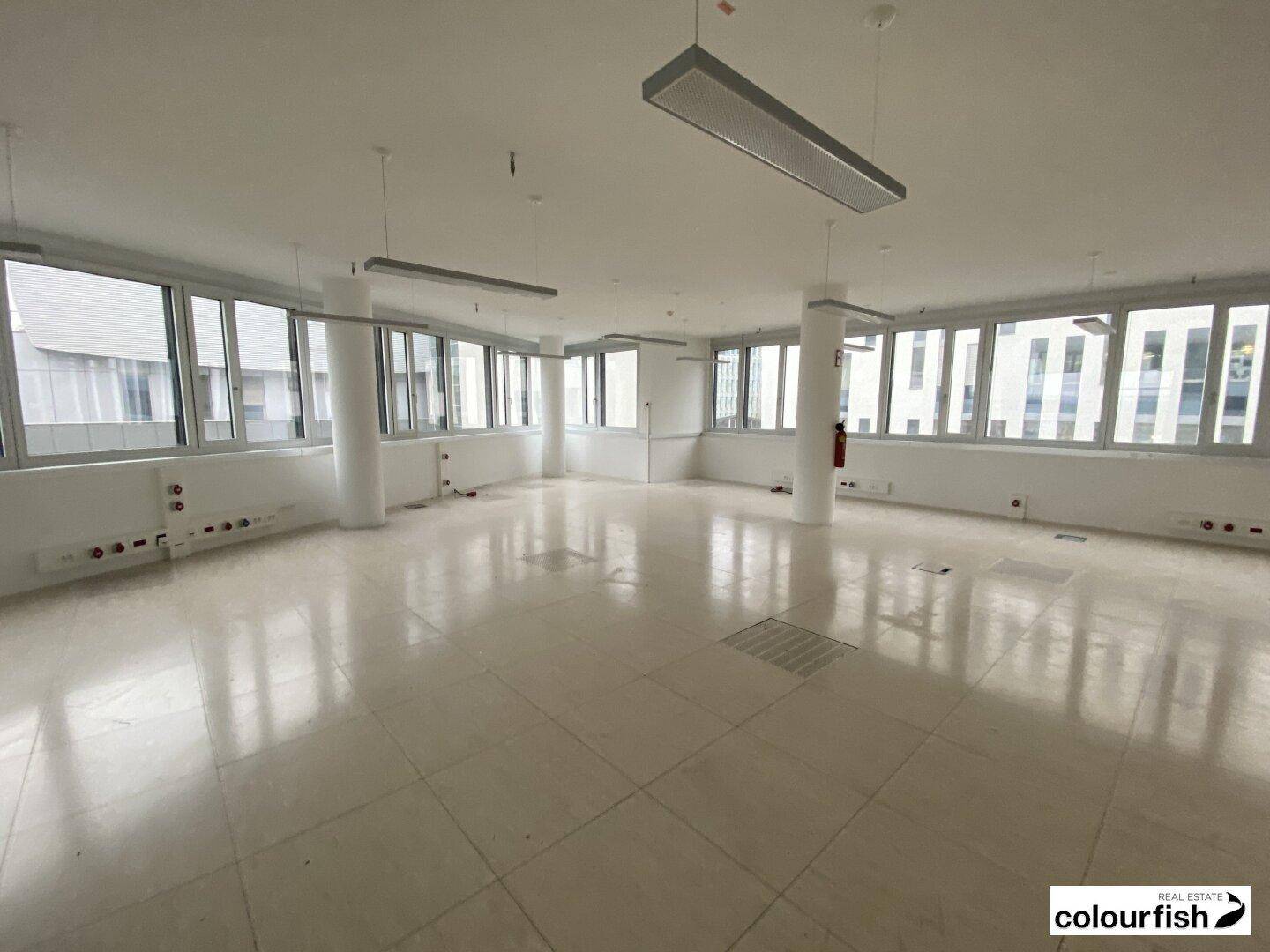 Großes, helles Büro mit Fliesenboden und vielen Fenstern, bietet eine klare und funktionale Arbeitsumgebung.