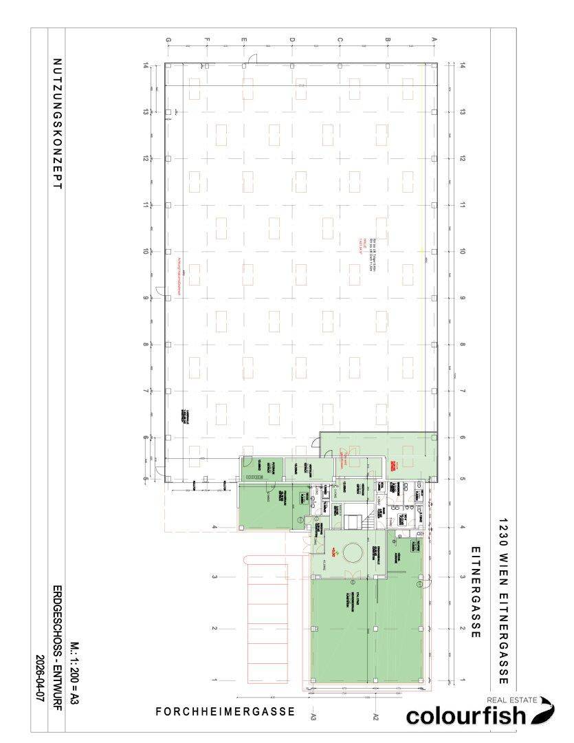 Grundriss des Erdgeschosses mit Nutzungszonen und großem offenen Bereich, ideal für gewerbliche Zwecke.
