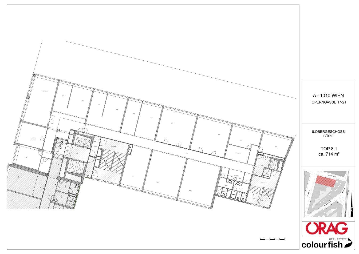 Grundriss des 8. Obergeschosses, Büro TOP 8.1 mit ca. 714 m² Fläche.
