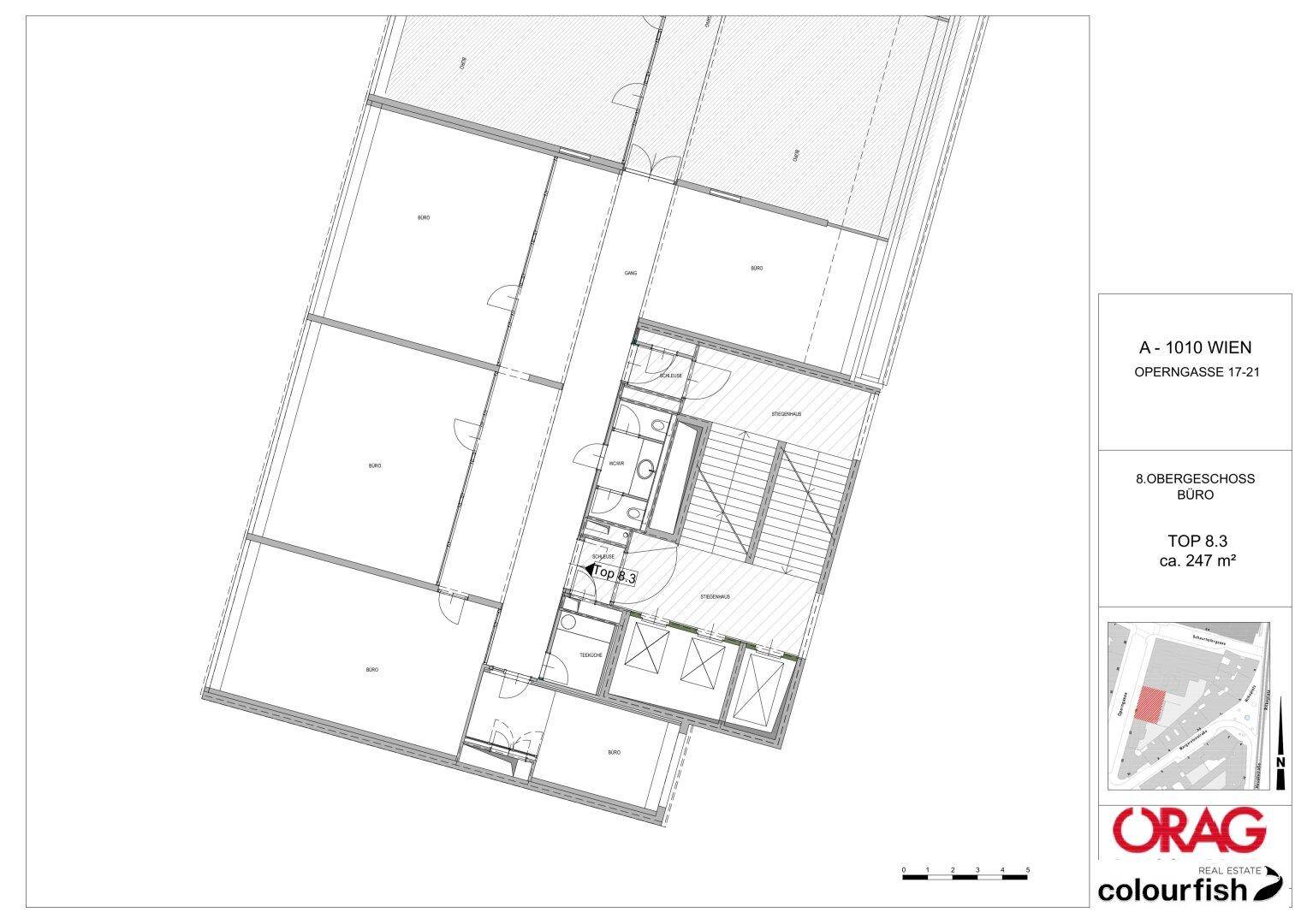 Ausschnitt des Grundrisses für Büro TOP 8.3 im 8. Obergeschoss mit ca. 247 m² Fläche.