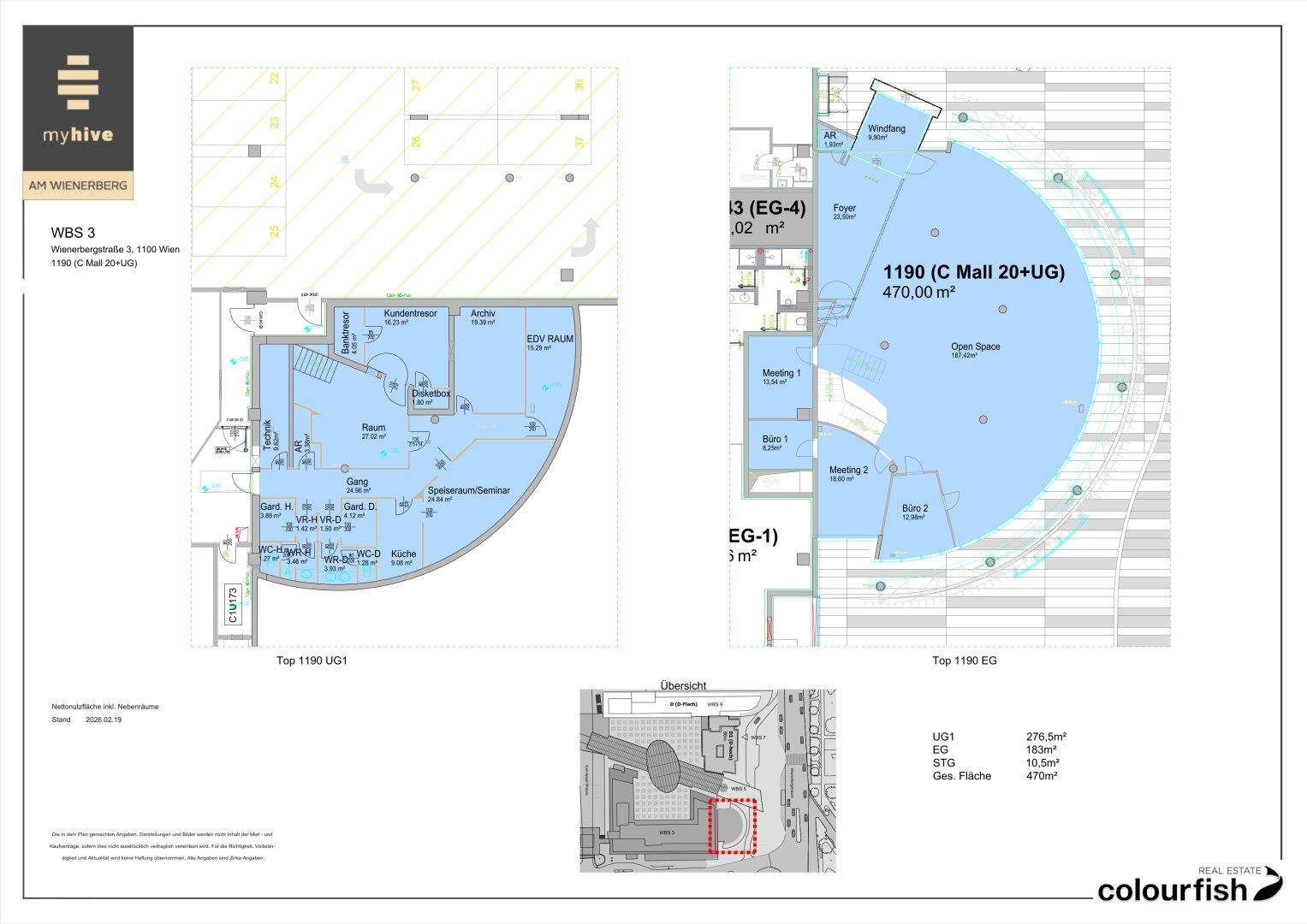 Grundrisspläne für zwei Etagen eines Bürogebäudes mit Flächenangaben und Layout.