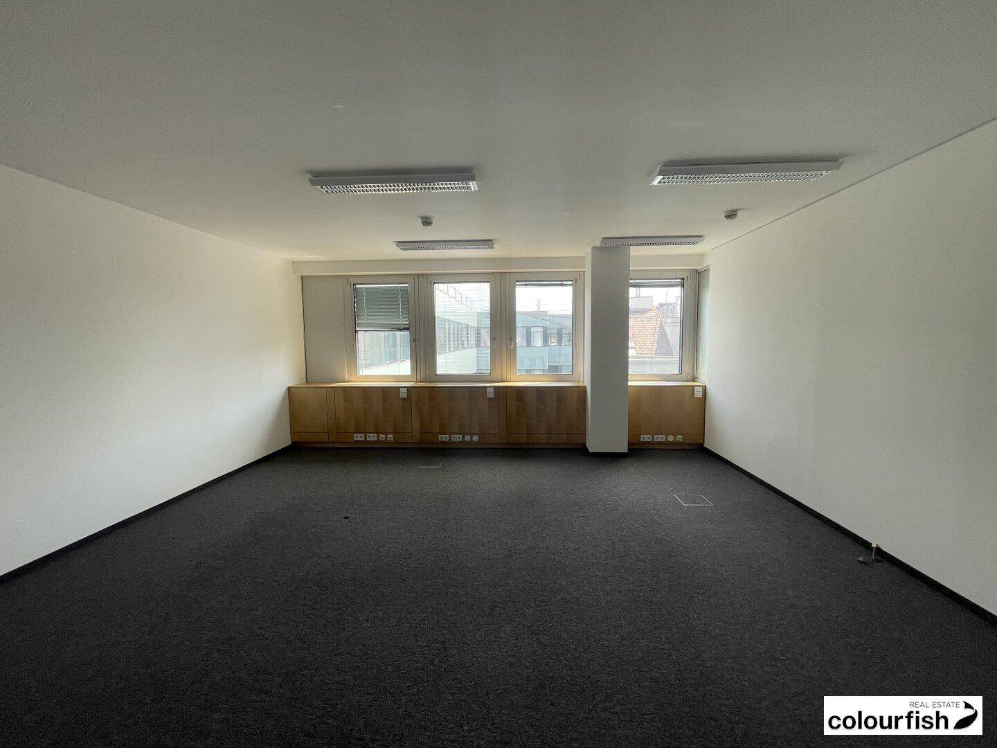 Leerer Büroraum mit Teppichboden, weißen Wänden und Fenstern mit Blick auf die Umgebung.