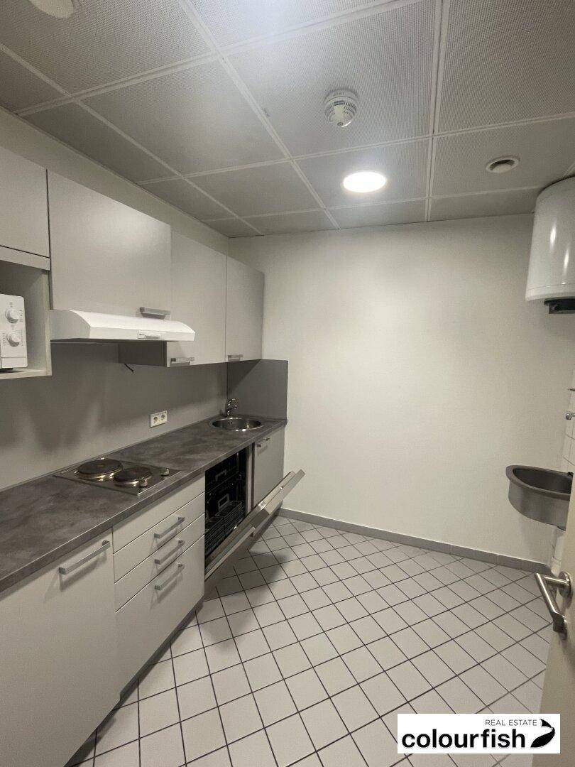 Funktionale Küchenzeile mit Spüle, Kochplatten und Schränken, ideal für die Büroversorgung und ausgestattet mit einem kleinen Ofen.