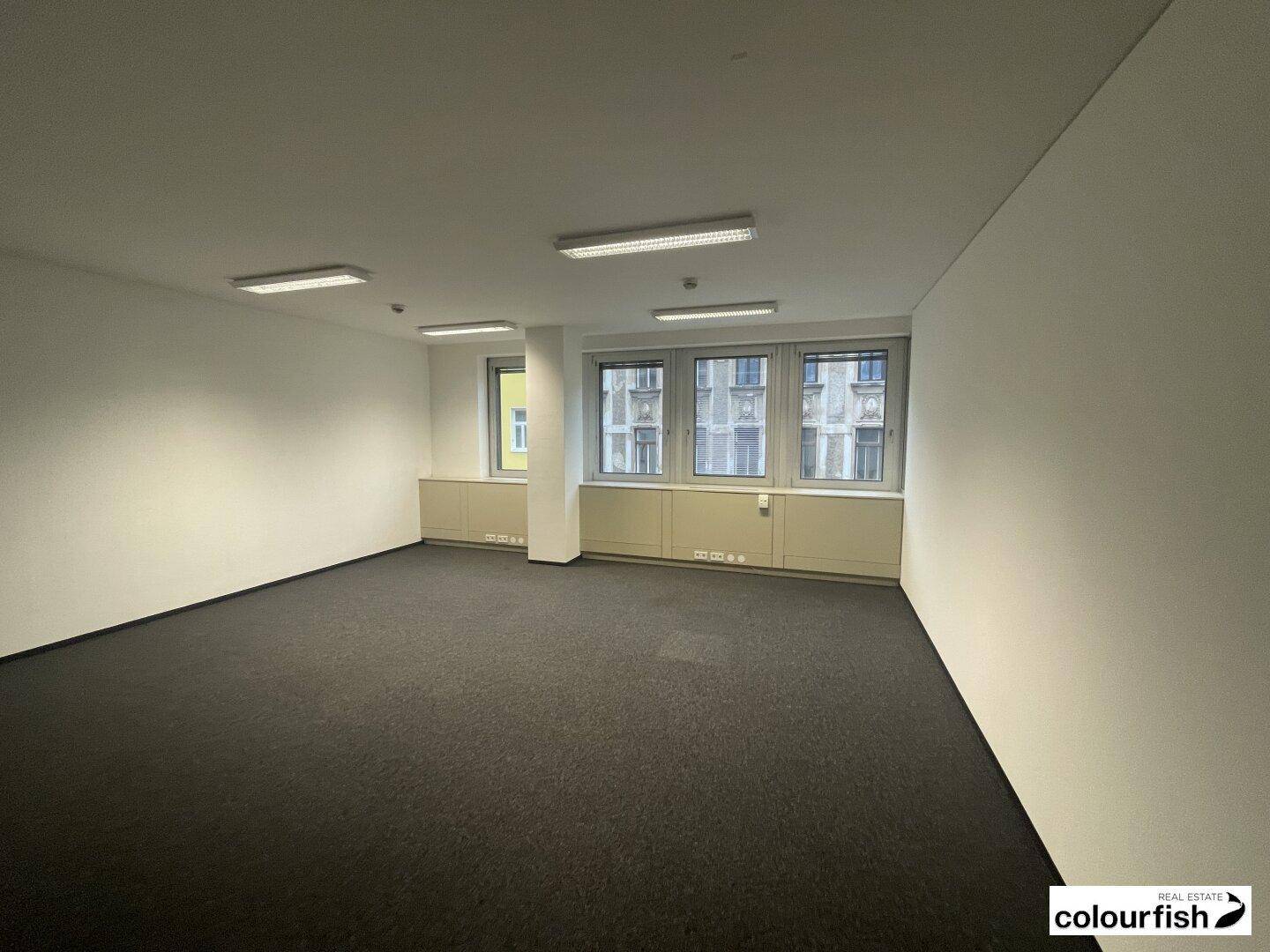 Helles Einzelbüro mit Teppichboden, weißen Wänden und einer Fensterfront, die den Raum gut belichtet und eine angenehme Arbeitsatmosphäre schafft.