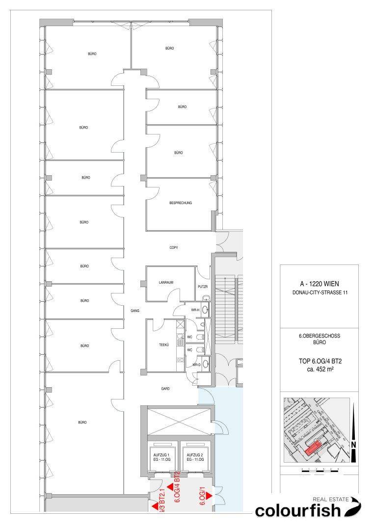 Detaillierter Grundrissplan einer Büroetage im 6. Obergeschoss mit mehreren Büroräumen, Teeküche und Sanitäranlagen.