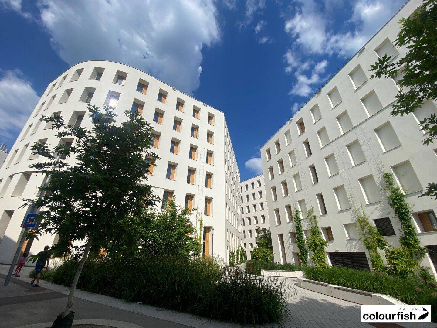 Geschwungene moderne Gebäude mit weißer Fassade und begrünten Außenbereichen unter strahlend blauem Himmel.