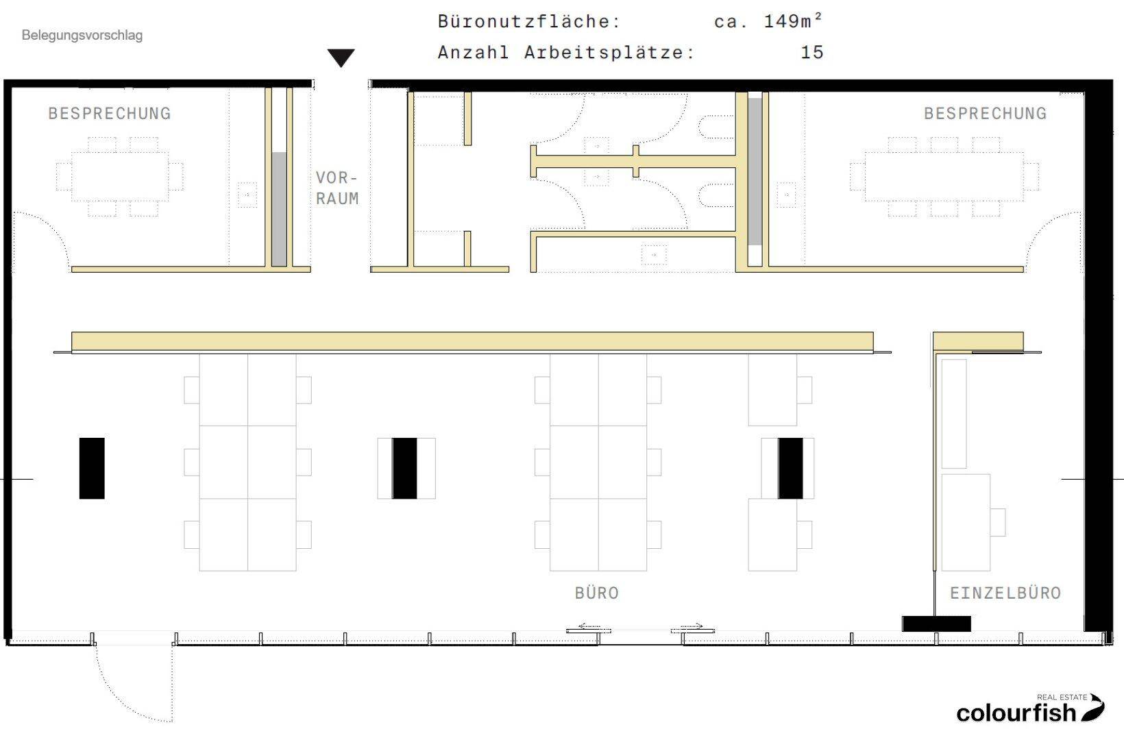 Grundriss eines Büros mit ca. 149m² Nutzfläche, inklusive Besprechungsräumen, Einzelbüro und Toiletten.