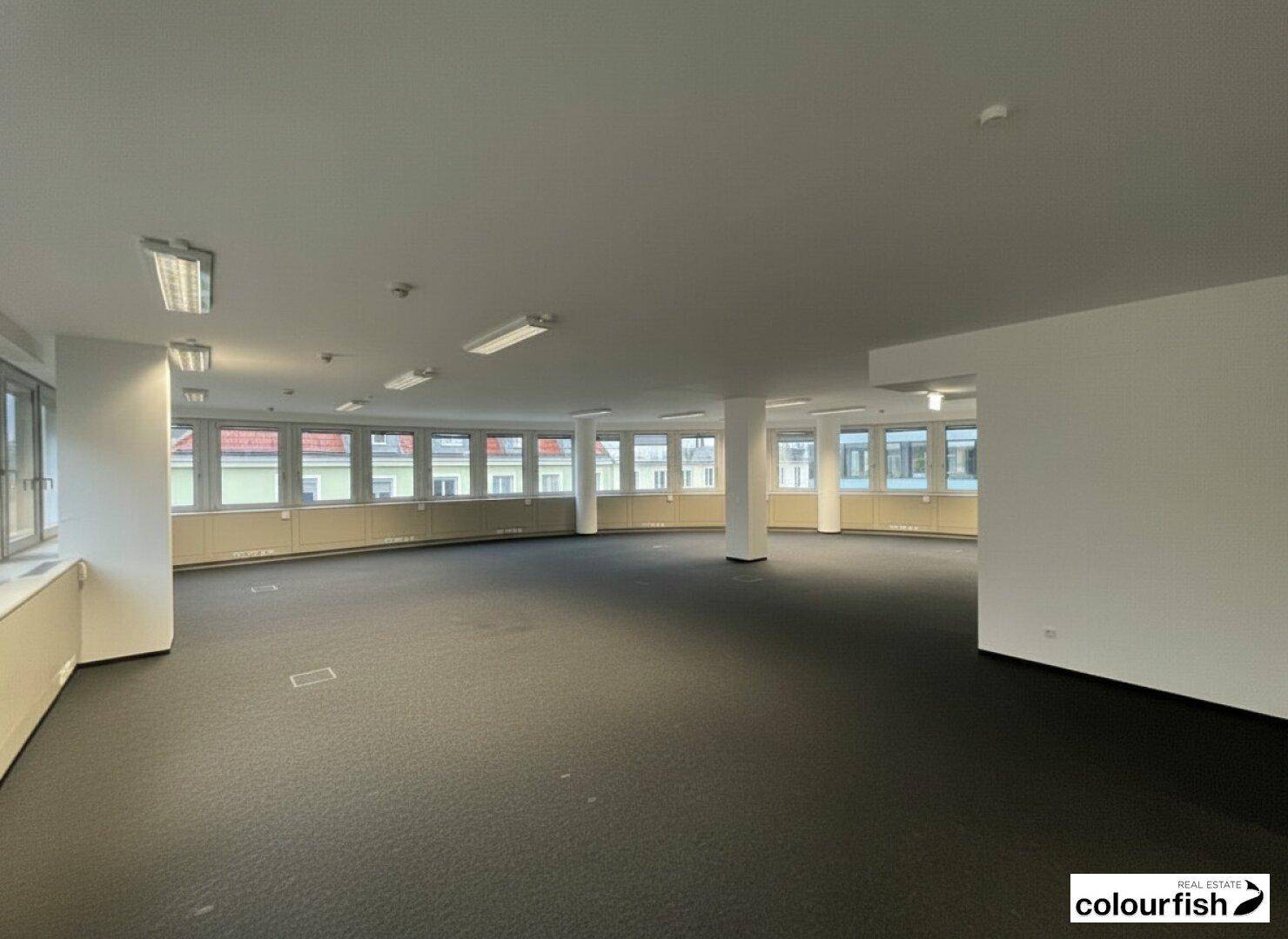 Geräumiger Bürobereich mit geschwungener Fensterfront und grauem Teppichboden.