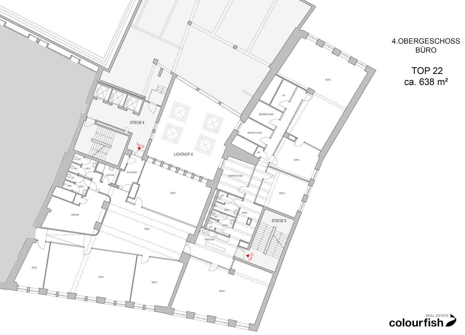 Grundriss des 4. Obergeschosses, Top 22, zeigt eine große Bürofläche mit Lichthof und mehreren Räumen.