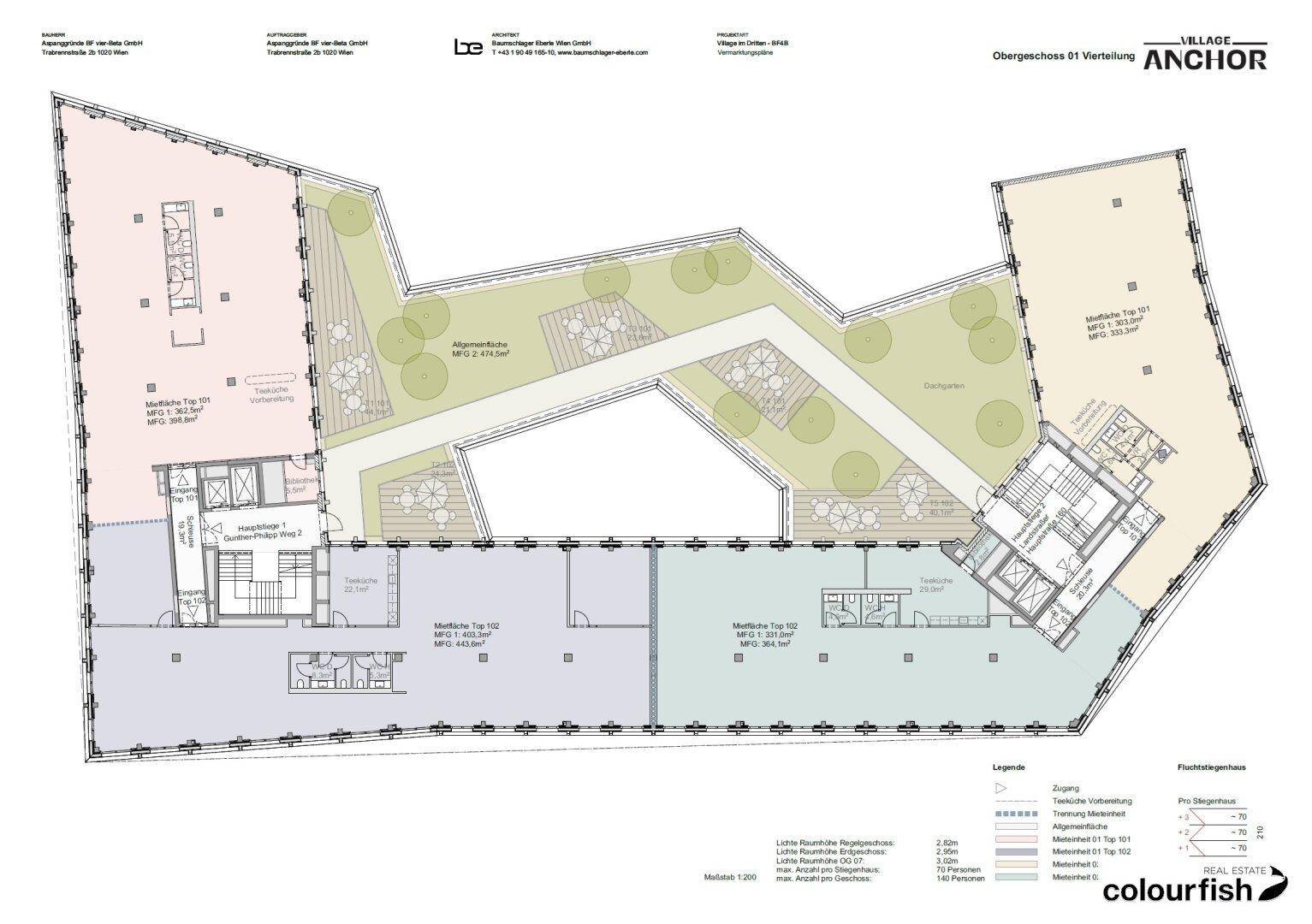 Grundriss des ersten Obergeschosses mit Aufteilung in verschiedene Mietbereiche und Allgemeinflächen.