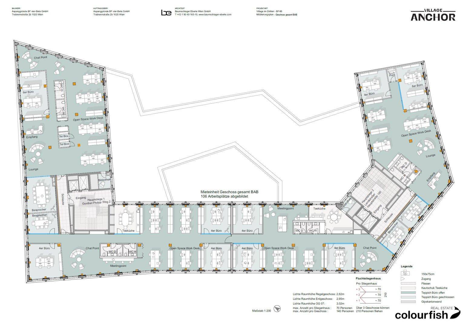 Grundriss des Mezzanine-Geschosses mit zahlreichen Arbeitsplätzen und Besprechungsräumen.