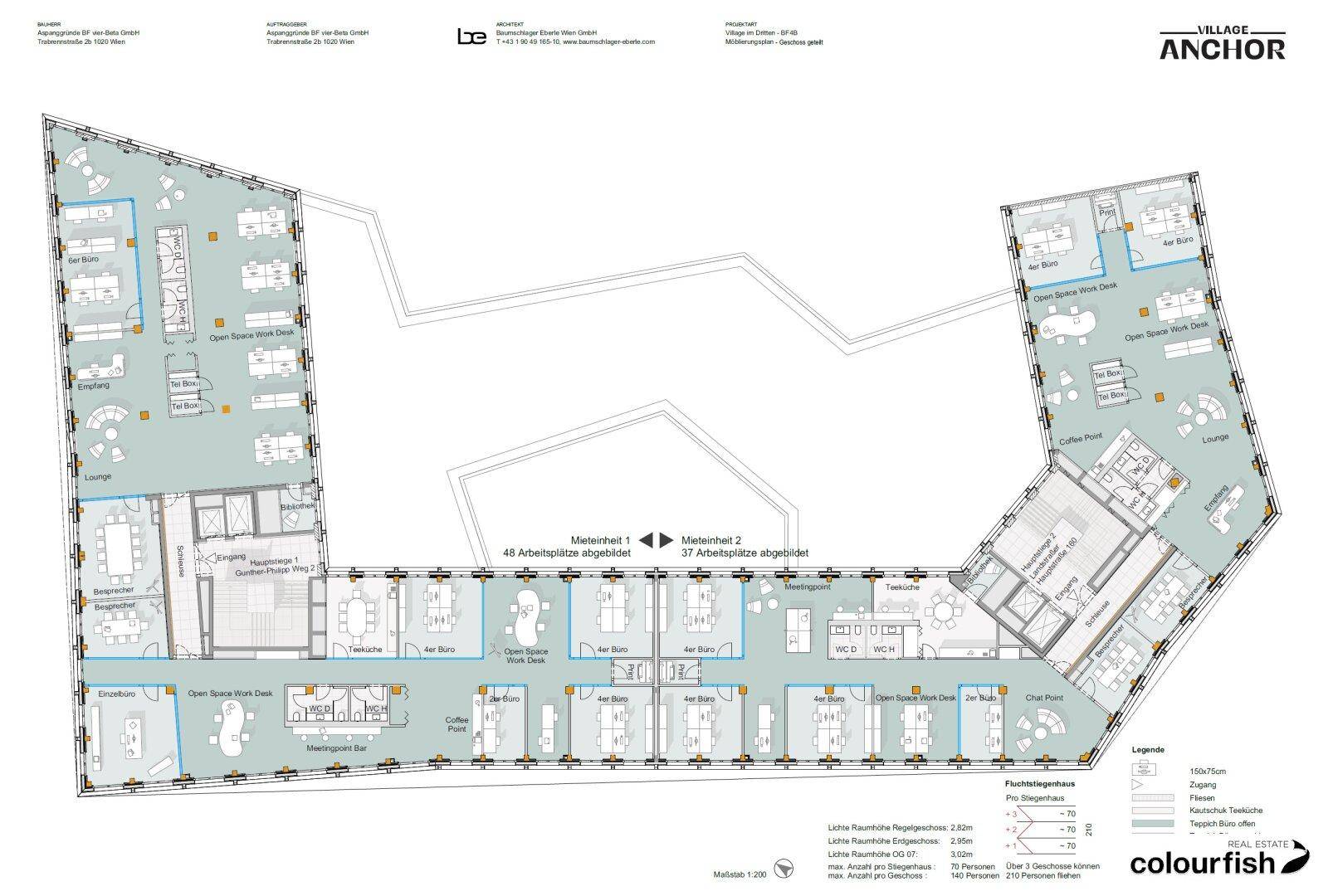 Grundriss des zweiten Mezzanine-Geschosses mit flexiblen Arbeitsbereichen und Gemeinschaftsflächen.