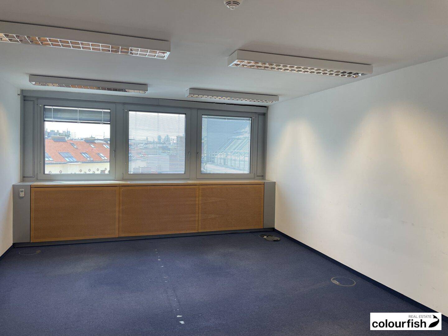 Büro mit blauem Teppichboden, Holzvertäfelung und Fenstern mit Jalousien und Stadtblick.