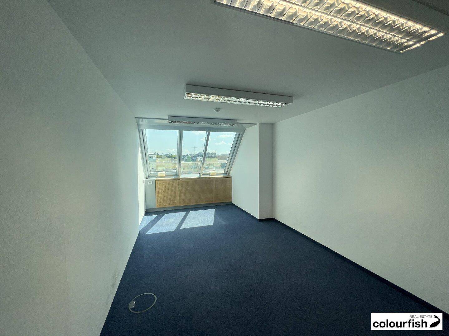 Helles Büro mit schrägen Fenstern, blauem Teppichboden und weißen Wänden, ideal für einen Arbeitsplatz.