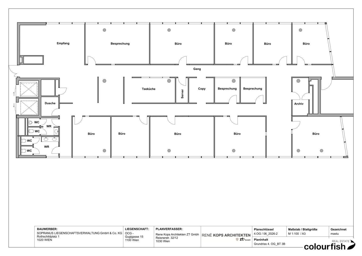 Grundriss eines Bürogebäudes mit Empfang, mehreren Büros, Besprechungsräumen und Sanitäranlagen.
