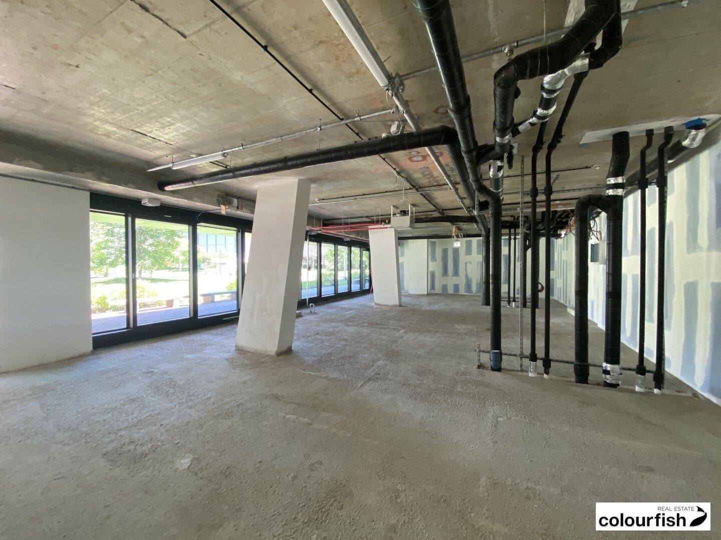 Großer, unfertiger Gewerberaum mit Betonboden, sichtbaren Installationen und viel Tageslicht durch die Fensterfront.