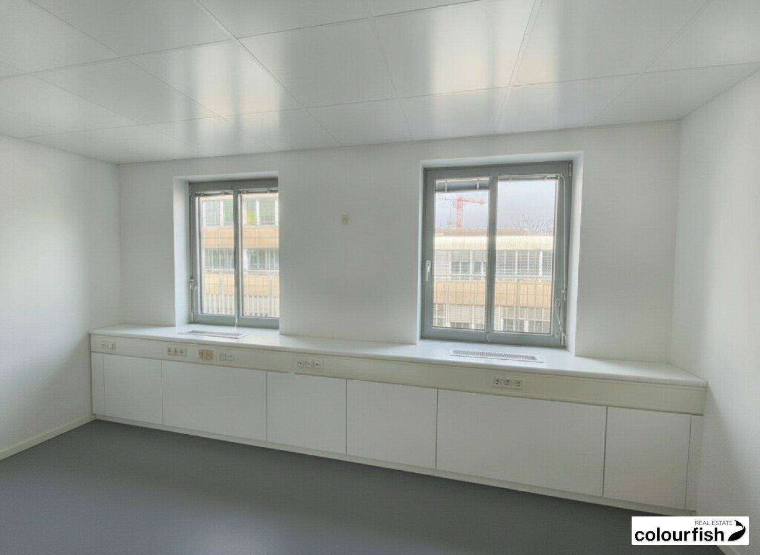 Helles Büro mit zwei Fenstern und durchgehenden Einbauschränken unterhalb der Fensterbank.