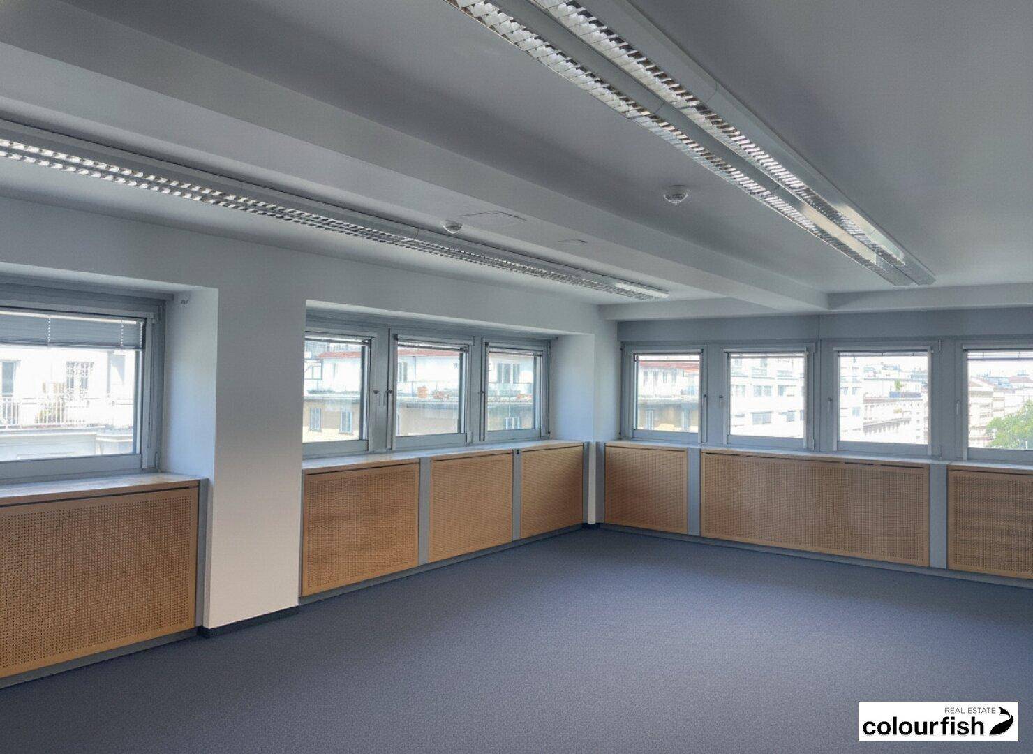 Geräumiges, leeres Büro mit vielen Fenstern, Einbauschränken und Teppichboden, ideal für Arbeitsbereiche.