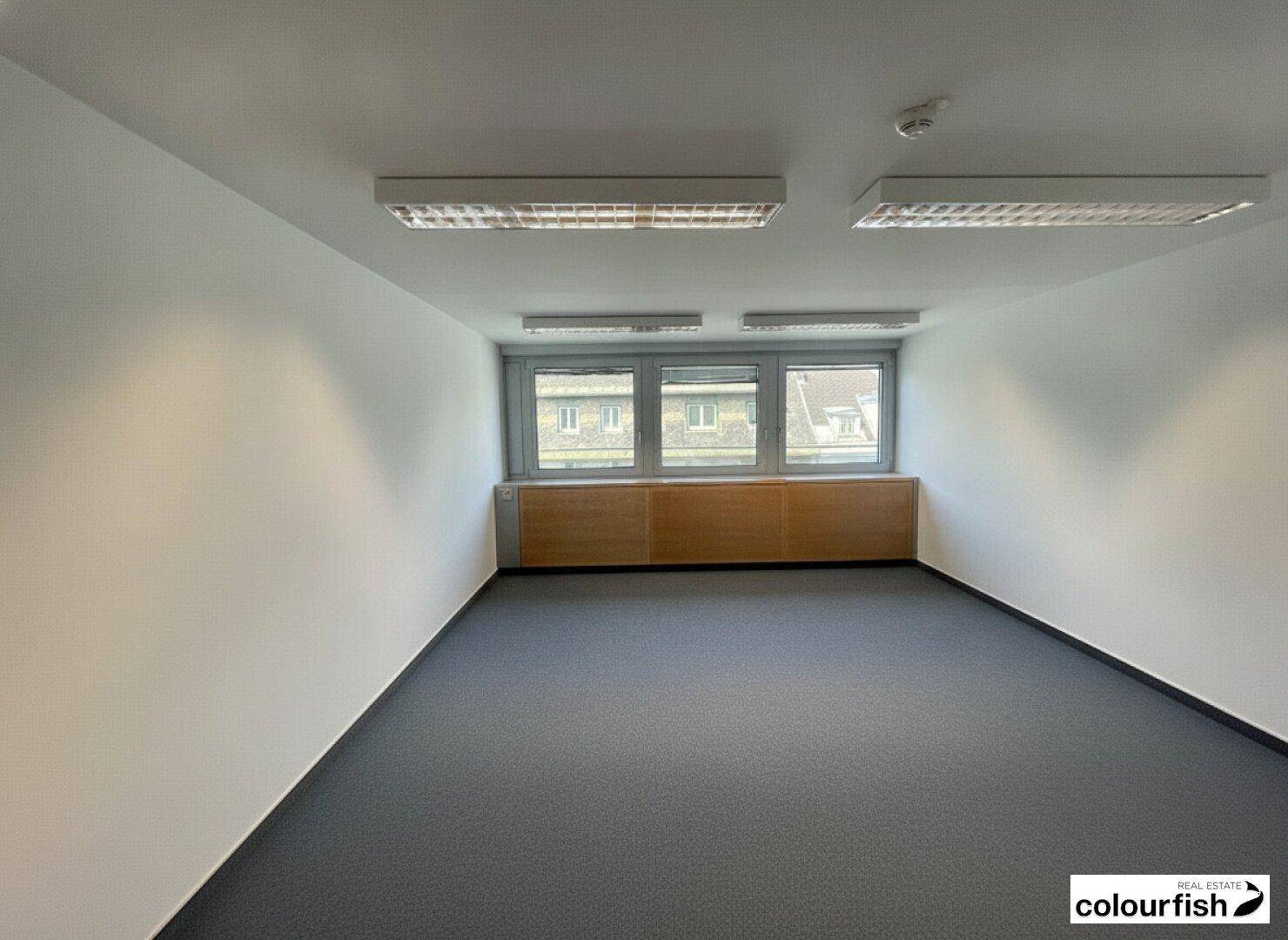 Geräumiges, leeres Büro mit breiter Fensterfront, grauem Teppich und Holzverkleidung unter den Fenstern.