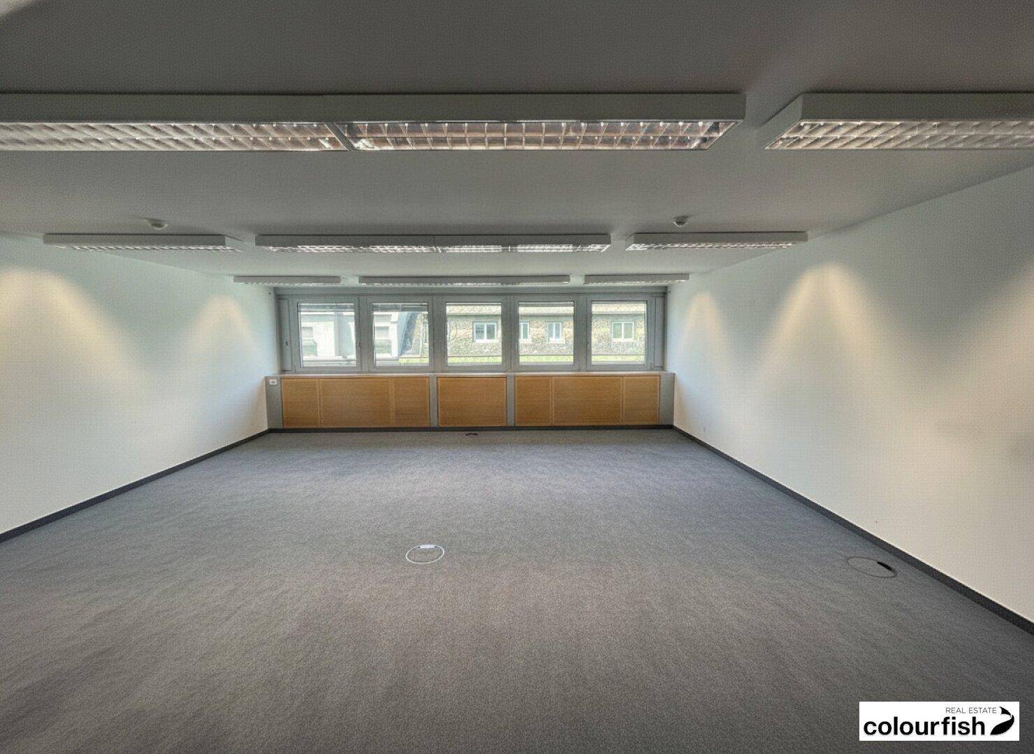Großes, helles Büro mit mehreren Fenstern, grauem Teppichboden und integrierten Bodensteckdosen.
