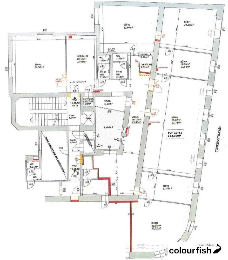 Detaillierter Grundriss mit mehreren Büroräumen, WCs und Gängen, inklusive Flächenangaben.