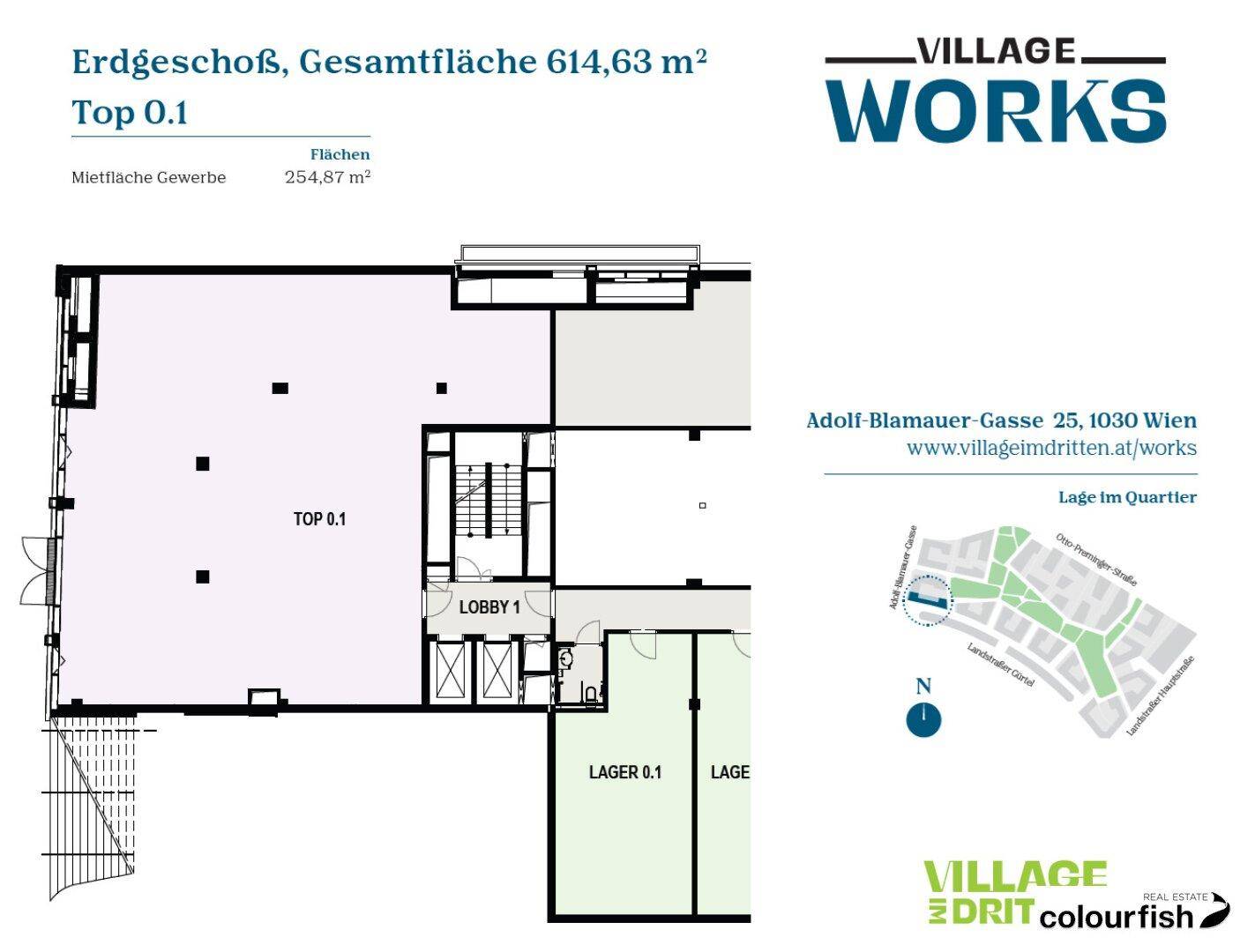 Grundriss des Erdgeschosses mit einer Gesamtfläche von 614,63 m² und ausgewiesenen Mietflächen.