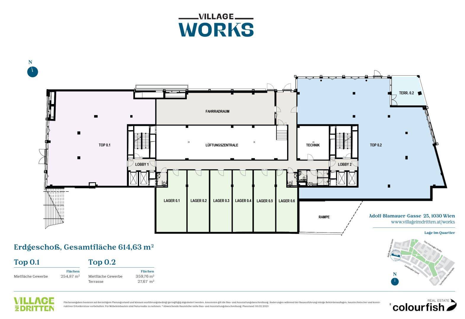 Detaillierter Grundriss des Erdgeschosses mit Fahrradraum, Lüftungszentrale, Lagerflächen und einer Terrasse.