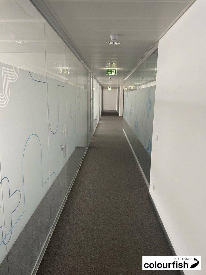 Langer Bürogang mit Teppichboden, Glaswänden und Notausgangsschildern, der zu weiteren Räumen führt.