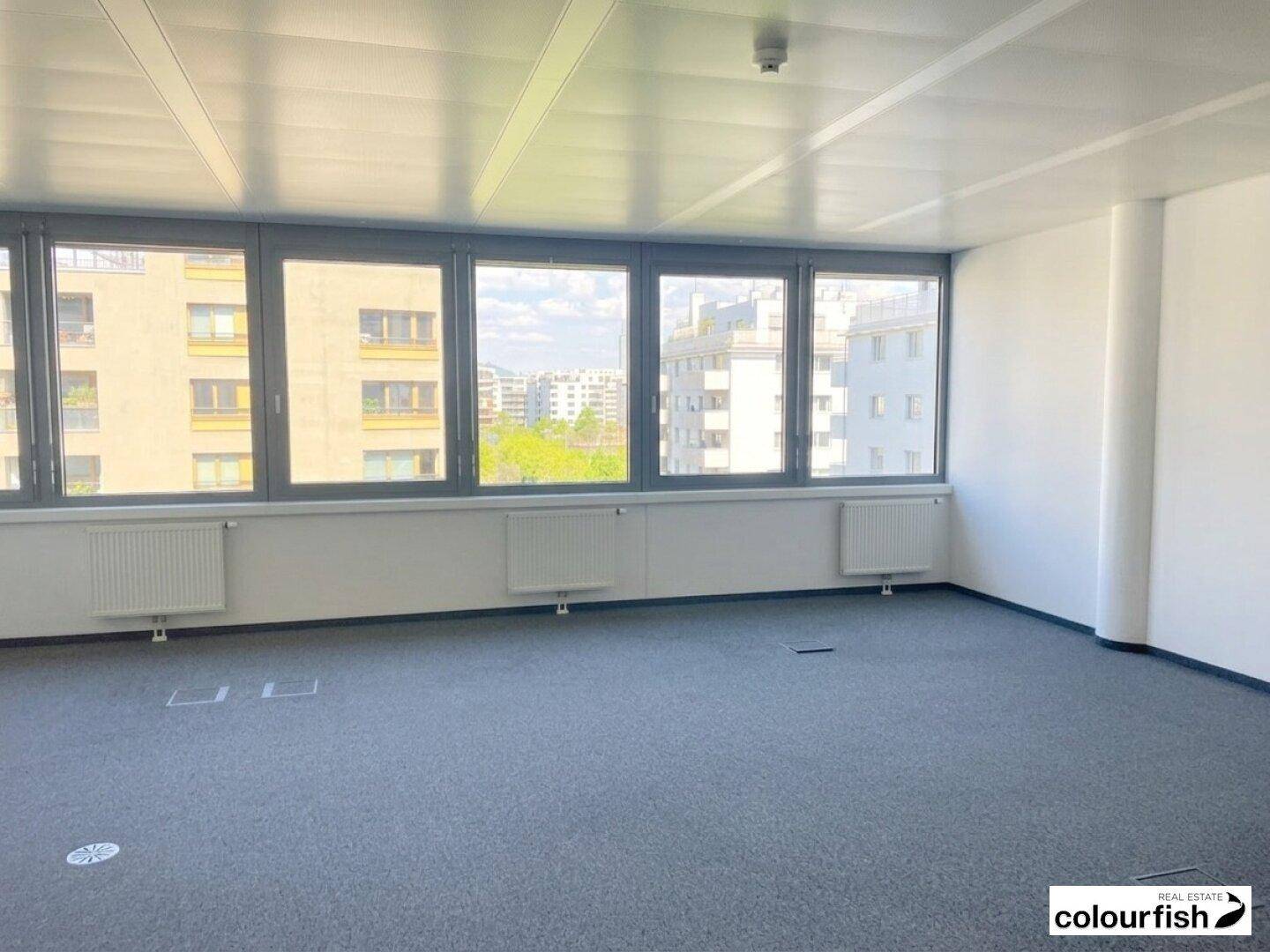 Helles Büro mit Teppichboden und einer Fensterfront, die einen weiten Blick auf die Stadt ermöglicht.