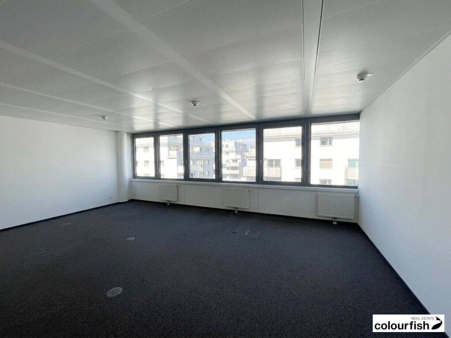 Helles und geräumiges Büro mit einer langen Fensterfront, die viel Tageslicht in den Raum lässt.