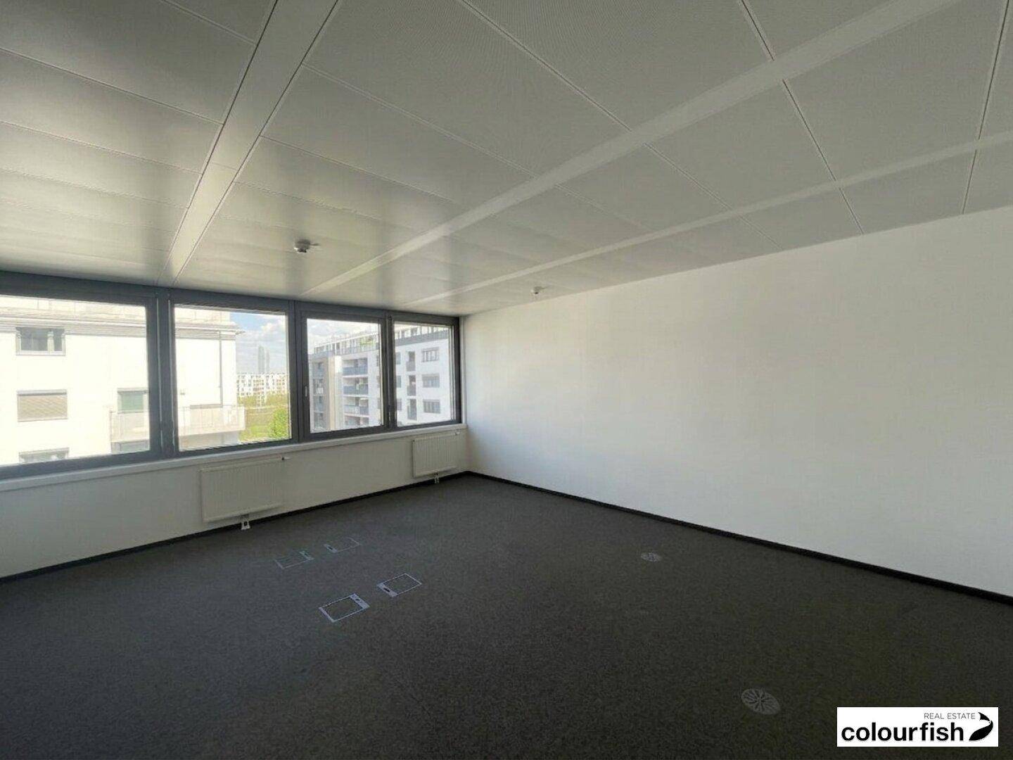 Leeres Eckbüro mit Fenstern an zwei Seiten, die eine weite Aussicht auf die Umgebung ermöglichen.