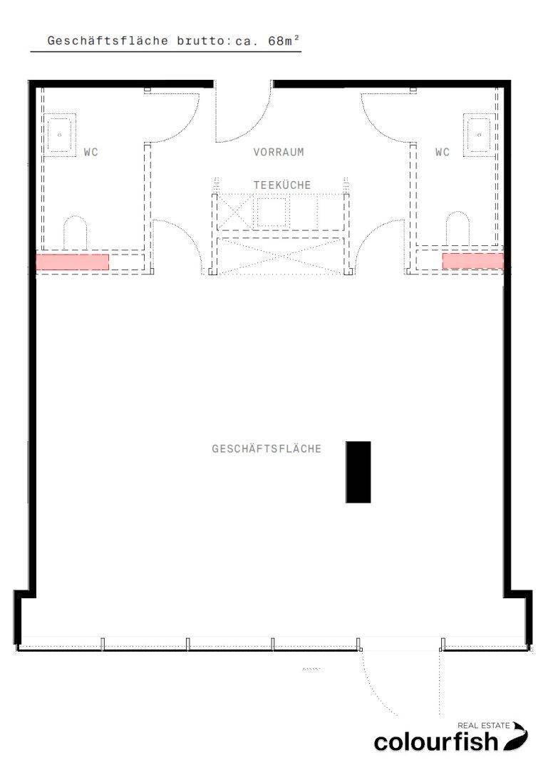 Grundriss einer Geschäftsfläche von ca. 68m² mit zwei WCs und einer Teeküche.